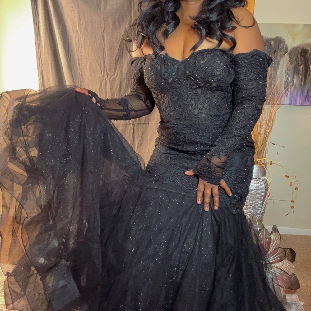 Mori Lee Elegant Black Lace Long Sleeve Dress - Picture 1 of 6